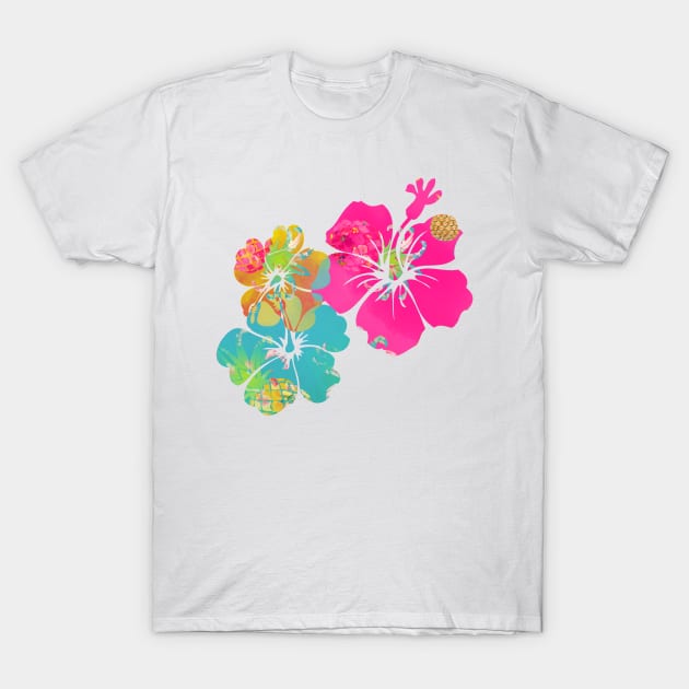 PixDezines Aloha Pink Hibiscus, Aqua+Yellow T-Shirt by PixDezines